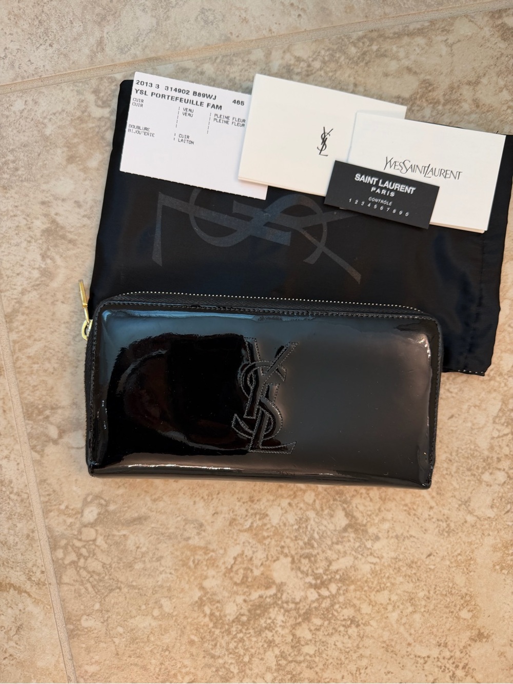 Authentic YSL Saint Laurent Belle de Jour Black Patent Leather Wallet